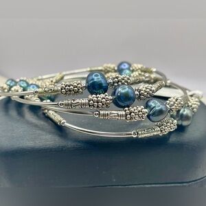 Silver Tone Florescent Blue Genuine Pearls Tribal Pattern Wrap Bracelet.